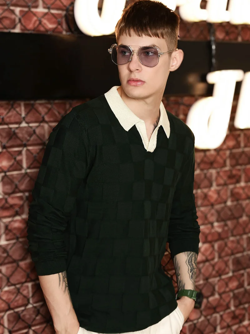 مانياك Maniac Mens Stripes Full Sleeve Half Zipper Regular Fit Beige and Black Cotton Polo T-shirt